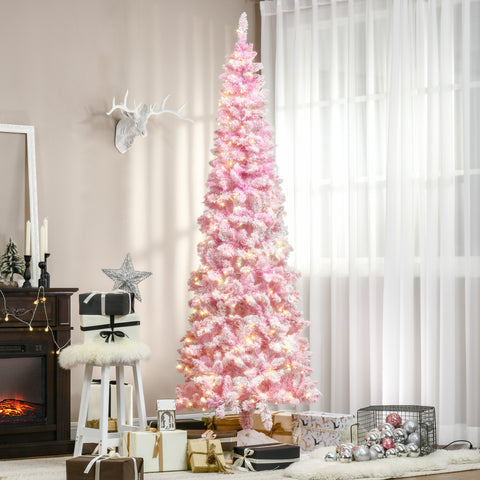HOMCOM 7.5ft Snow Flocked Pencil Christmas Tree, Pink & White, Warm White LEDs, Auto-Open Branches, Realistic Pine, Flame-Retardant Plastic, Indoor Holiday Decor