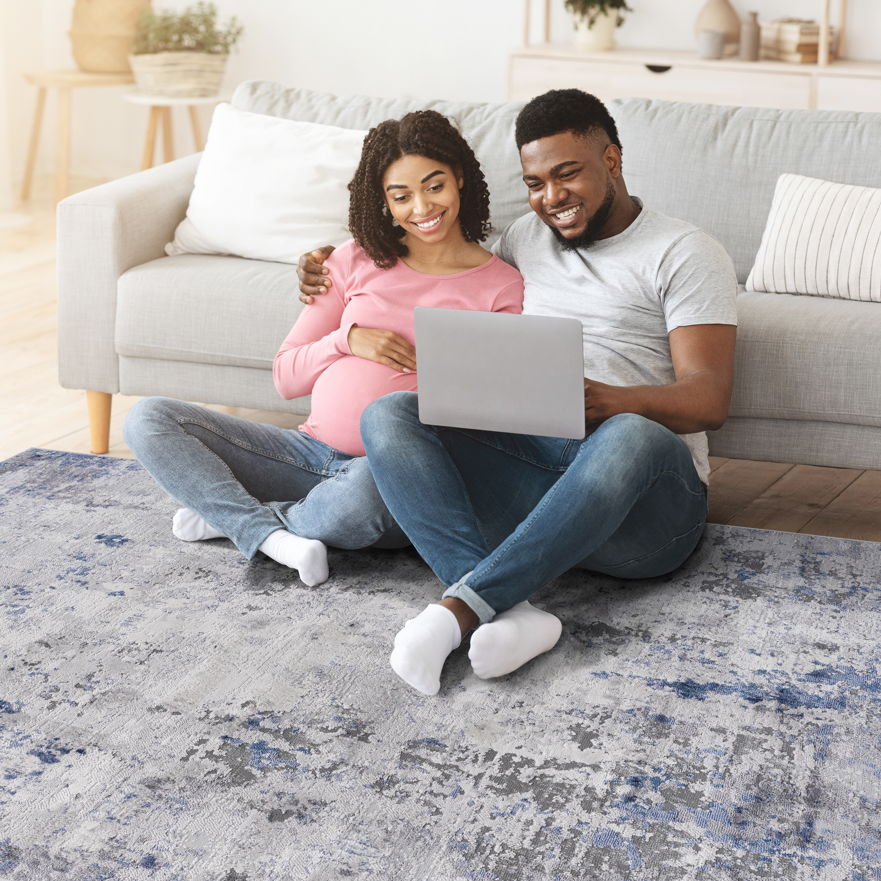 MARFI Collection 2'x8' Runner Rug - Stain-Resistant Polyester, Medium Pile, Silver/Blue Abstract Design - Kid & Pet Friendly, Durable for Entryway, Hallway, Living Room, Kitchen