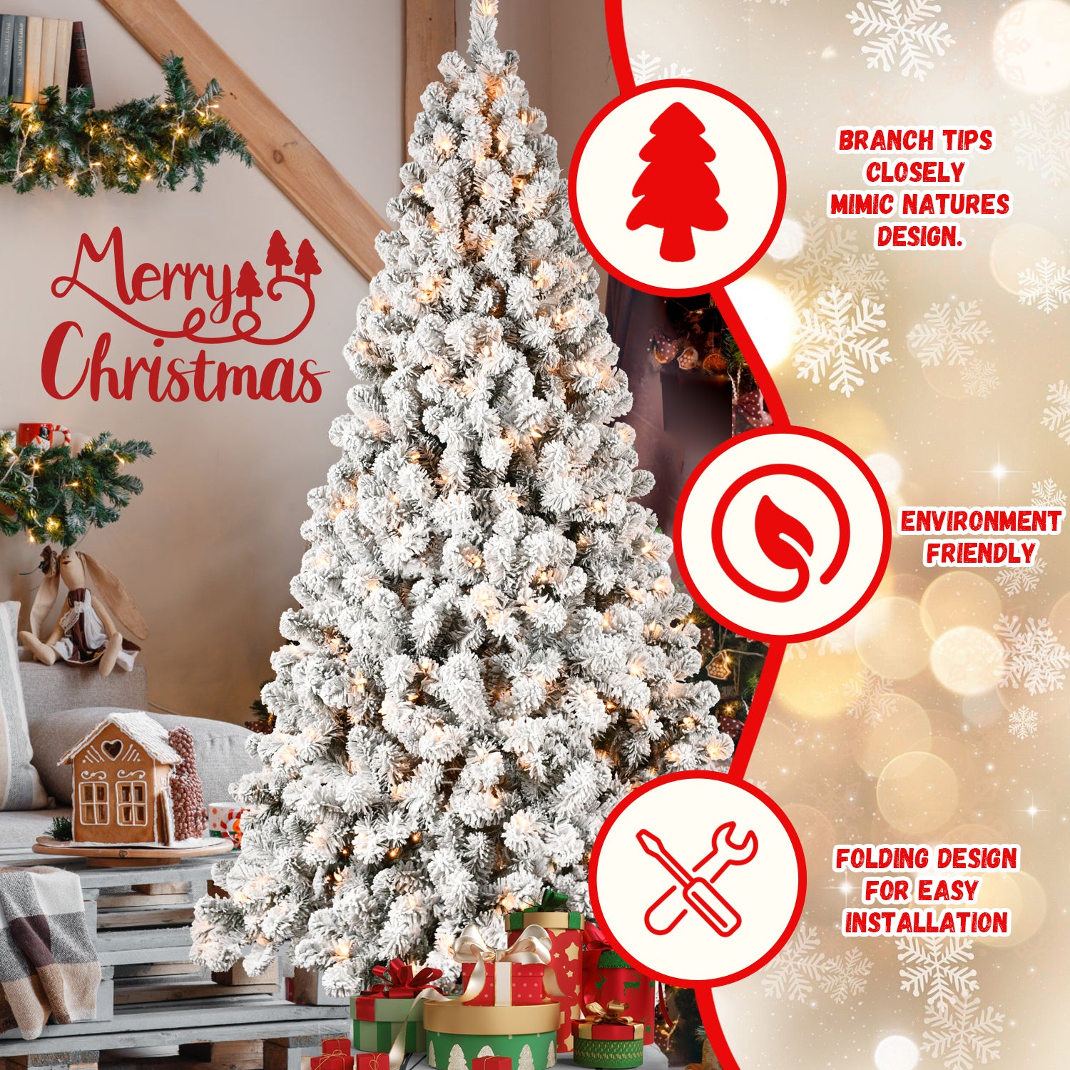 7ft Snow-Flocked Pre-Lit Christmas Tree | 400 Warm White UL Lights | Auto-Unfold Memory Wire | Stable Metal Stand | PVC | Green/White | Indoor Holiday Decor