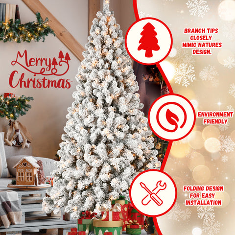9ft Snow-Flocked Christmas Tree: 650 Warm White UL Lights, Auto-Unfold Memory Wire, 1930 PVC Tips, Stable Metal Stand for Cozy Holiday Decor