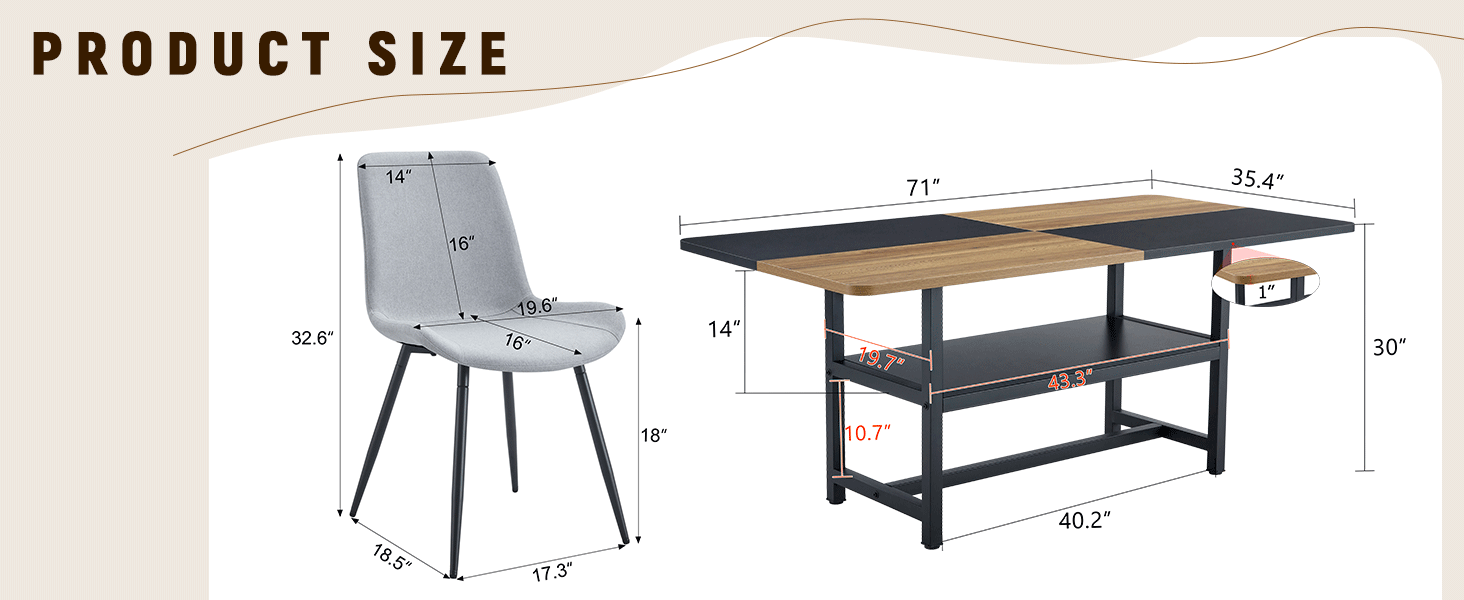 71" Wooden &amp; Black Spliced Dining Table Set with 8 Light Gray Linen Chairs - 30"H Table w/ Storage Shelf, Ergonomic Cushions for Dining Room, Kitchen &amp; Parties