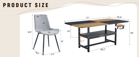 71" Wooden &amp; Black Spliced Dining Table Set with 8 Light Gray Linen Chairs - 30"H Table w/ Storage Shelf, Ergonomic Cushions for Dining Room, Kitchen &amp; Parties