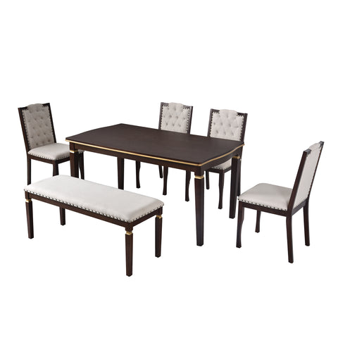 6-Piece Espresso Solid Wood Dining Table Set: 60" Rectangular Table, 4 High-Back Tufted Chairs & Bench, Seats 6 for Kitchen & Dining Room, Elegant Craftsmanship & Comfort