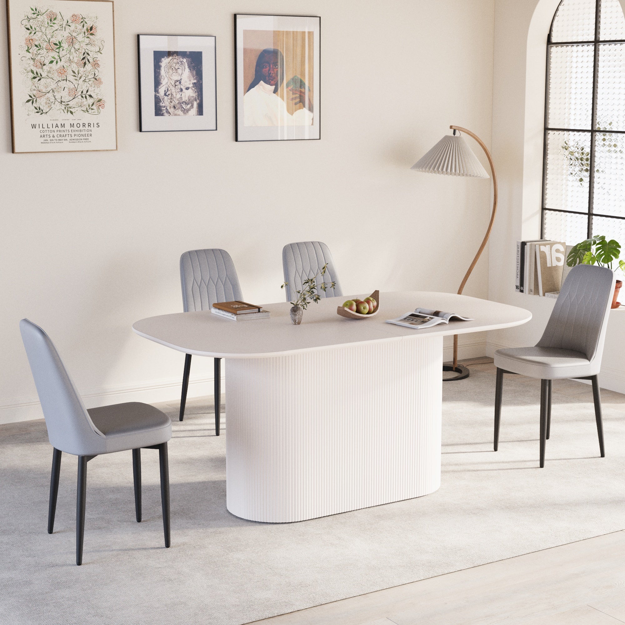 63" Cream Modern MDF Dining Table Set with 4 PU Leather Chairs, Black Metal Legs, Ergonomic Design, Stain-Resistant Tabletop, Perfect for Home Kitchen & Dining Room