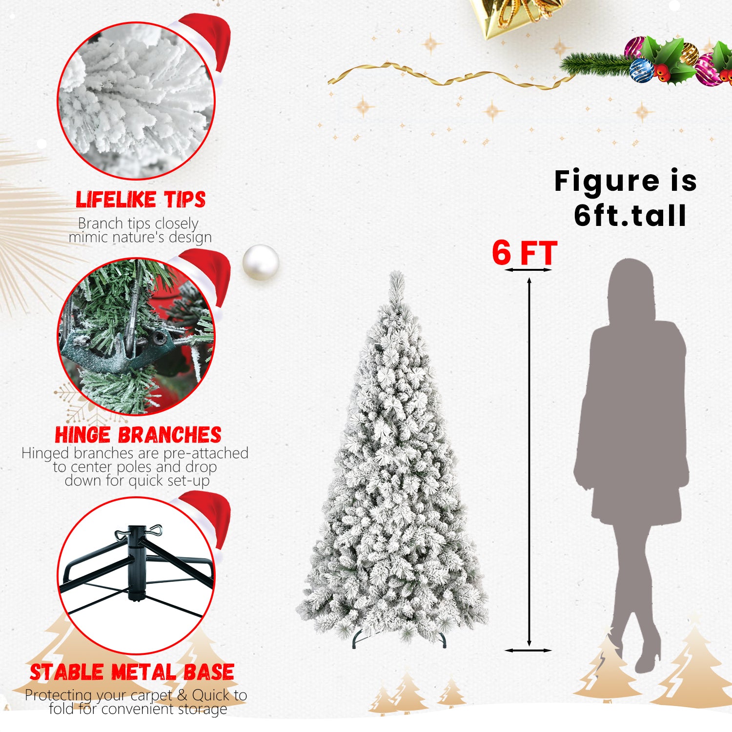 5FT Snowy Flocked Christmas Tree with 250 Warm White LEDs - 518 Full Tips, Hinged PVC &amp; Hard Needle Branches, Sturdy Metal Stand for Realistic Holiday Home Decor