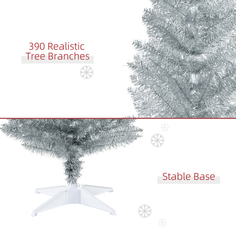 HOMCOM 6ft Slim Pencil Christmas Tree, Silver Unlit Artificial Xmas Tree with 390 Realistic Branch Tips, Flame-Retardant Plastic Stand for Indoor Home Decor