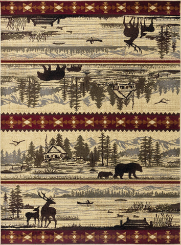 Nature's Nest 5'3" x 7'3" Lodge Area Rug Cream Polypropylene Lake & Mountain Wildlife Design - Durable, Stain-Resistant, Kid & Pet Friendly Indoor/Outdoor Accent for Living Room, Entryway, Patio