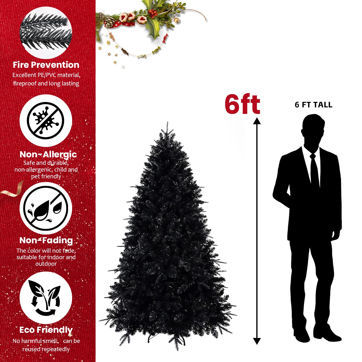 5ft Black Artificial Christmas Tree with 250 White LED Lights &amp; 1076 PE+PVC Tips. Hinged &amp; Easy Setup. Stable Metal Stand for Halloween &amp; Holiday Decor.