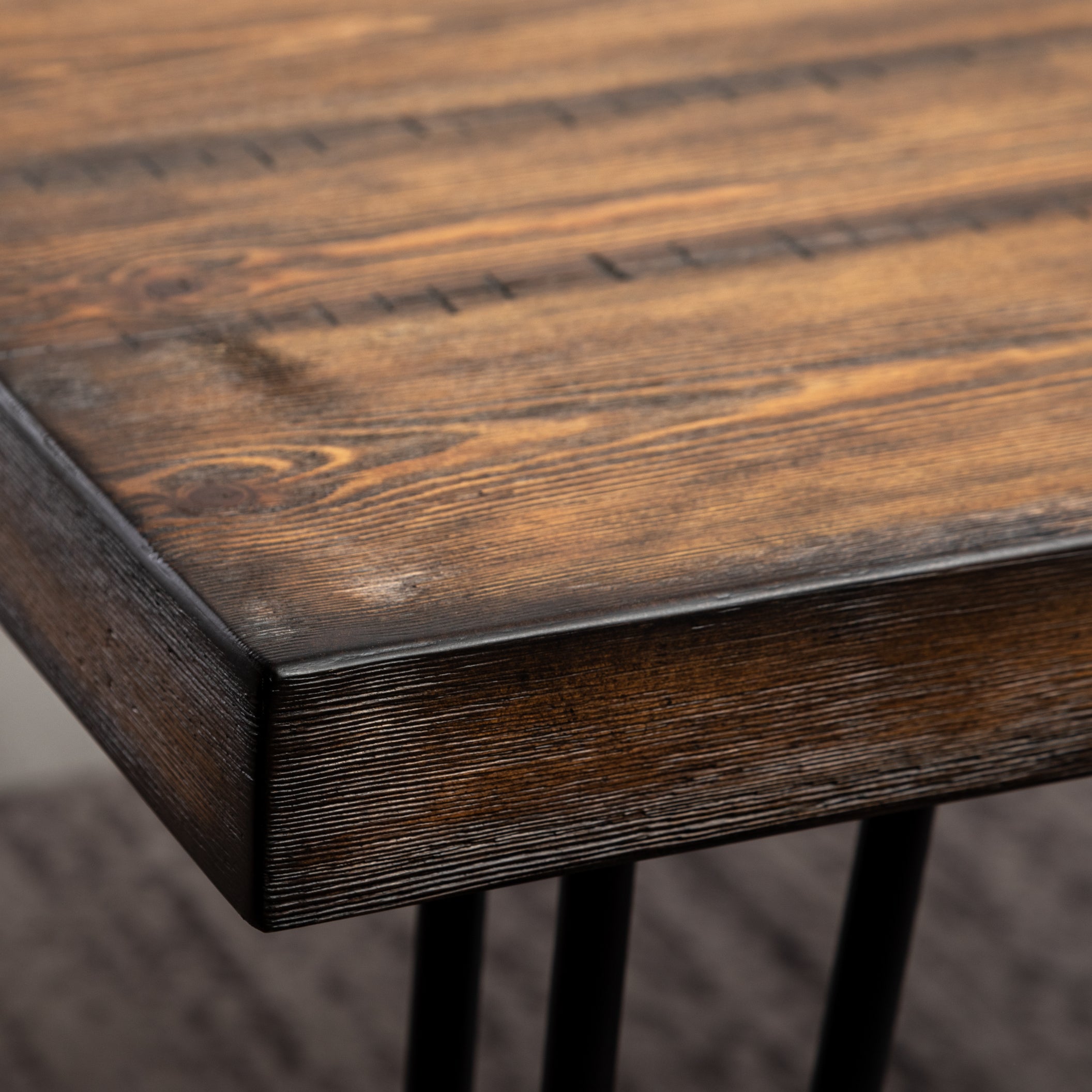 Amisos 6-Piece Dining Set: Rustic Dark Pine Hairpin Table, 4 Upholstered Chairs with Brass Nailheads, Wood Bench - Seats 6 for Dining Room, Modern Farmhouse Style