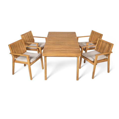 Durable 5-Piece Acacia Wood Patio Furniture Set: Natural Table & 4 Beige Cushioned Chairs for Outdoor Dining, Garden, Deck - Heavy-Duty, All-Weather, 69" Table, 400lb Chairs