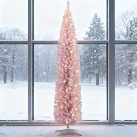8ft Pink Pencil Christmas Tree with Warm White LED Lights | Slim, Flame-Retardant Artificial Tree for Indoor Home Decor & Small Spaces