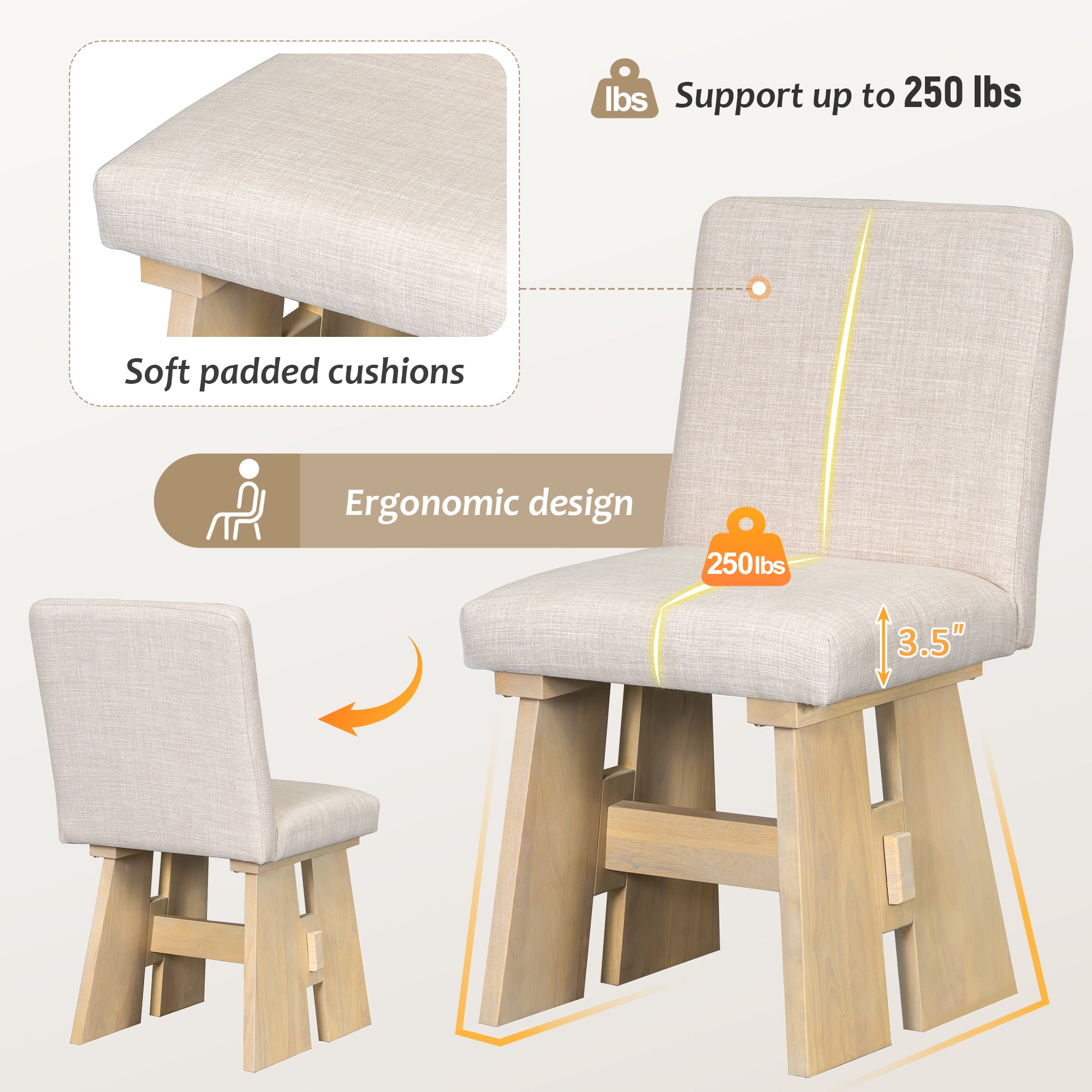 TOPMAX 7-Piece Solid Rubberwood Dining Set: 63.4" Natural Table &amp; 6 Upholstered Beige Chairs for Dining Rooms, Space-Saving Tuck-Away Design, Seats 6, Modern Farmhouse Style