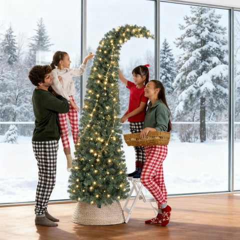 7ft Slim High Mountain Fir Christmas Tree | Unique Bent Top Santa Hat Design | 300 Warm White LEDs, 8 Modes | 777 Tips, Full Green Appearance | Metal Stand | Indoor Home Decor
