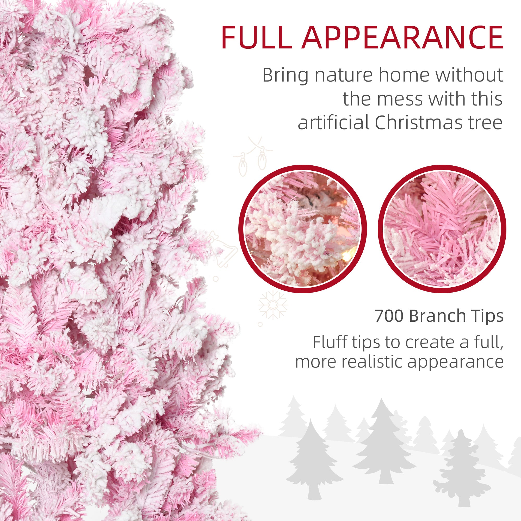 HOMCOM 7.5ft Snow Flocked Pencil Christmas Tree, Pink & White, Warm White LEDs, Auto-Open Branches, Realistic Pine, Flame-Retardant Plastic, Indoor Holiday Decor