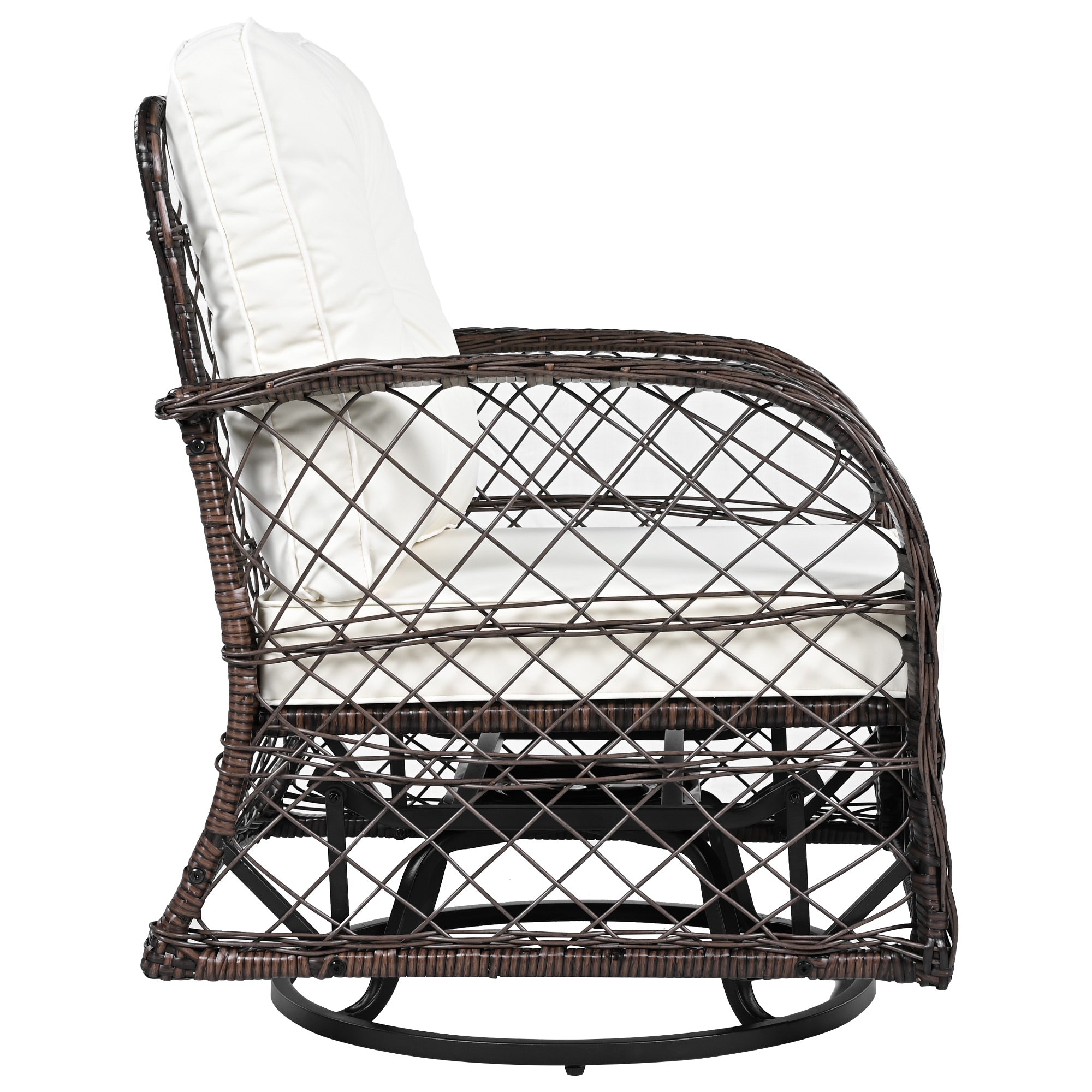 3-Piece Brown Rattan Outdoor Chat Set: 2 Swivel Rocker Chairs &amp; Glass Top Table for Garden Patio Balcony, Weather-Resistant Wicker Seating Group with Cushions