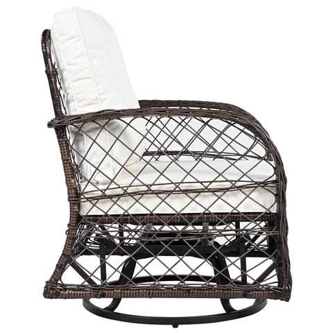 3-Piece Brown Rattan Outdoor Chat Set: 2 Swivel Rocker Chairs &amp; Glass Top Table for Garden Patio Balcony, Weather-Resistant Wicker Seating Group with Cushions