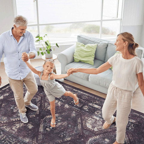 MAVAL 6'x9' Washable Runner Rug - Soft Chenille Boho Black & Burgundy Area Carpet, Low Pile, Non-Slip, Stain-Resistant for Living Room, Hallway, Kitchen, Turkey