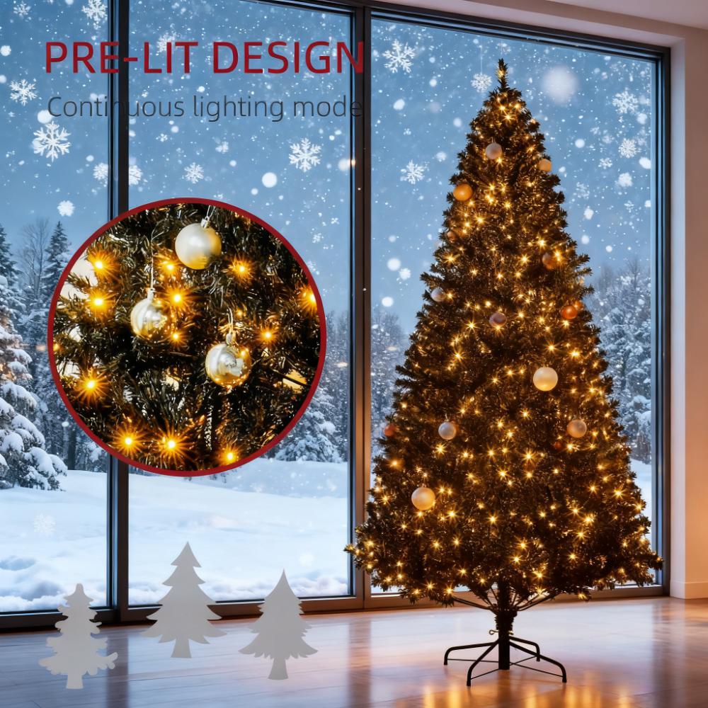 7.5 FT Tall Black Artificial Christmas Tree with 500 Warm White LED Lights &amp; 1346 Full Branch Tips - Easy Assemble Hinged Xmas Tree with Metal Base for Indoor Holiday Decor