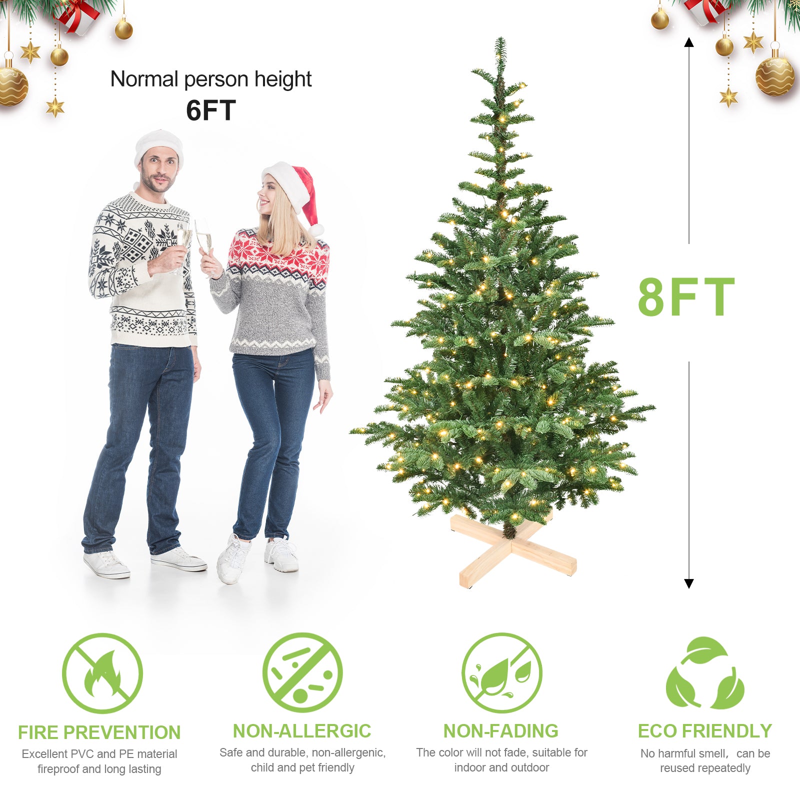 7ft Pre-Lit Artificial Christmas Tree: 400 Warm White LEDs, 941 Realistic PE+PVC Tips, Rustic Wooden Base - Full Holiday Decor for Home &amp; Indoor Spaces