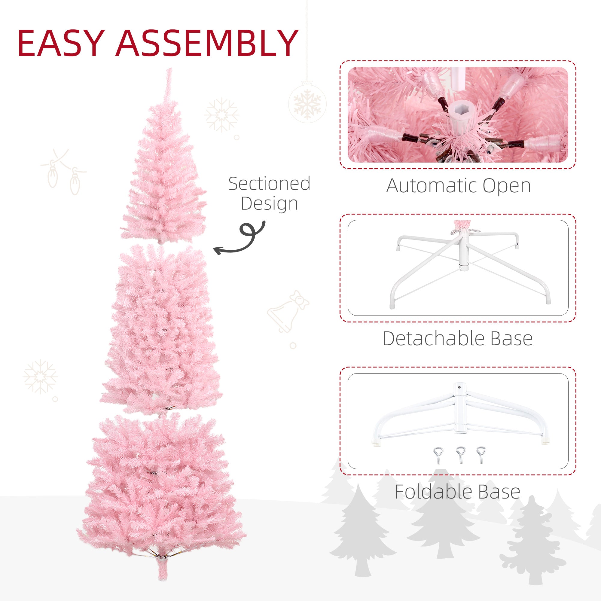 HOMCOM 8ft Pink Slim Douglas Fir Artificial Christmas Tree | 1168 Realistic Branch Tips | Easy Assembly | Steel Base | Perfect for Apartments &amp; Small Spaces