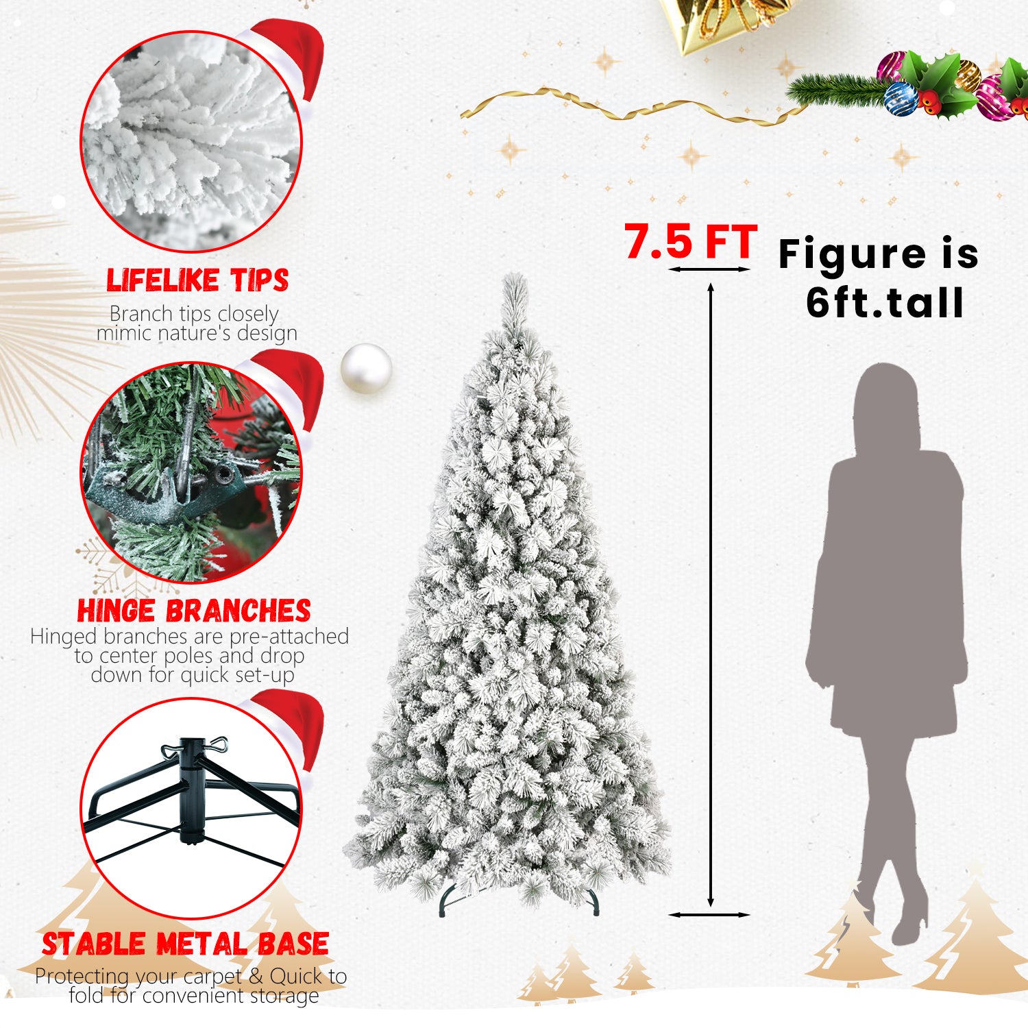 6FT Snow-Flocked Christmas Tree - 752 Tips, 350 Warm White LEDs, Hinged PVC &amp; Hard Needle Branches, Sturdy Metal Stand for Home &amp; Holiday Decor