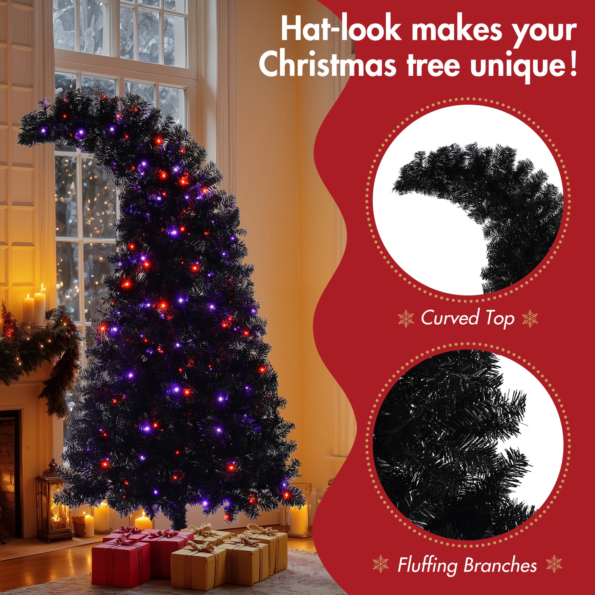 6ft Black Artificial Christmas Tree with LED Lights: Whimsical Hat-Shaped, 900 PET Tips, 250 Orange/Purple Lights, Hinged Branches, Metal Stand for Indoor Holiday Decor