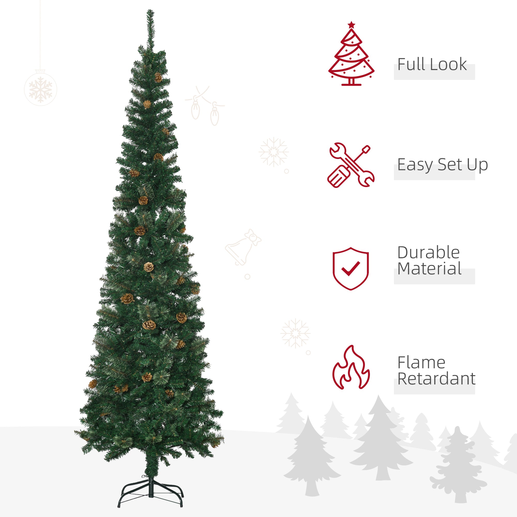 HOMCOM 7.5ft Slim Pencil Artificial Christmas Tree, Realistic Pine Needles & Cones, Flame Retardant Green Xmas Tree with Sturdy Metal Base for Home & Fireplace Decor