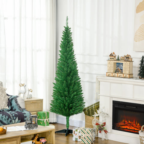 HOMCOM 6ft Slim Pencil Christmas Tree | Realistic Light Green Unlit Xmas Tree with 390 Branch Tips &amp; Plastic Stand | Perfect for Cozy Home Decor &amp; Holiday Ambiance
