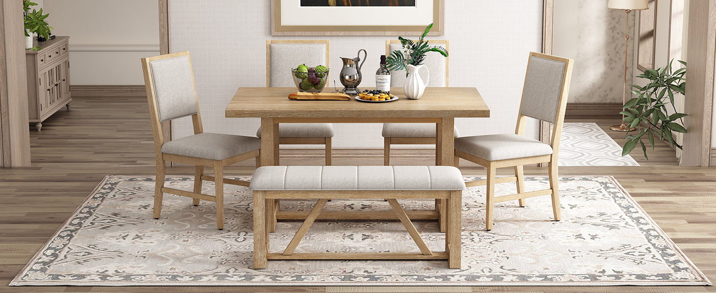 TREXM 6-Piece Retro Dining Table Set for 6, 60" Oak Veneer Wood Kitchen Table & 4 Chairs with Upholstered Bench, Natural Finish, Dining Room & Kitchen Use, Durable Rubberwood Legs