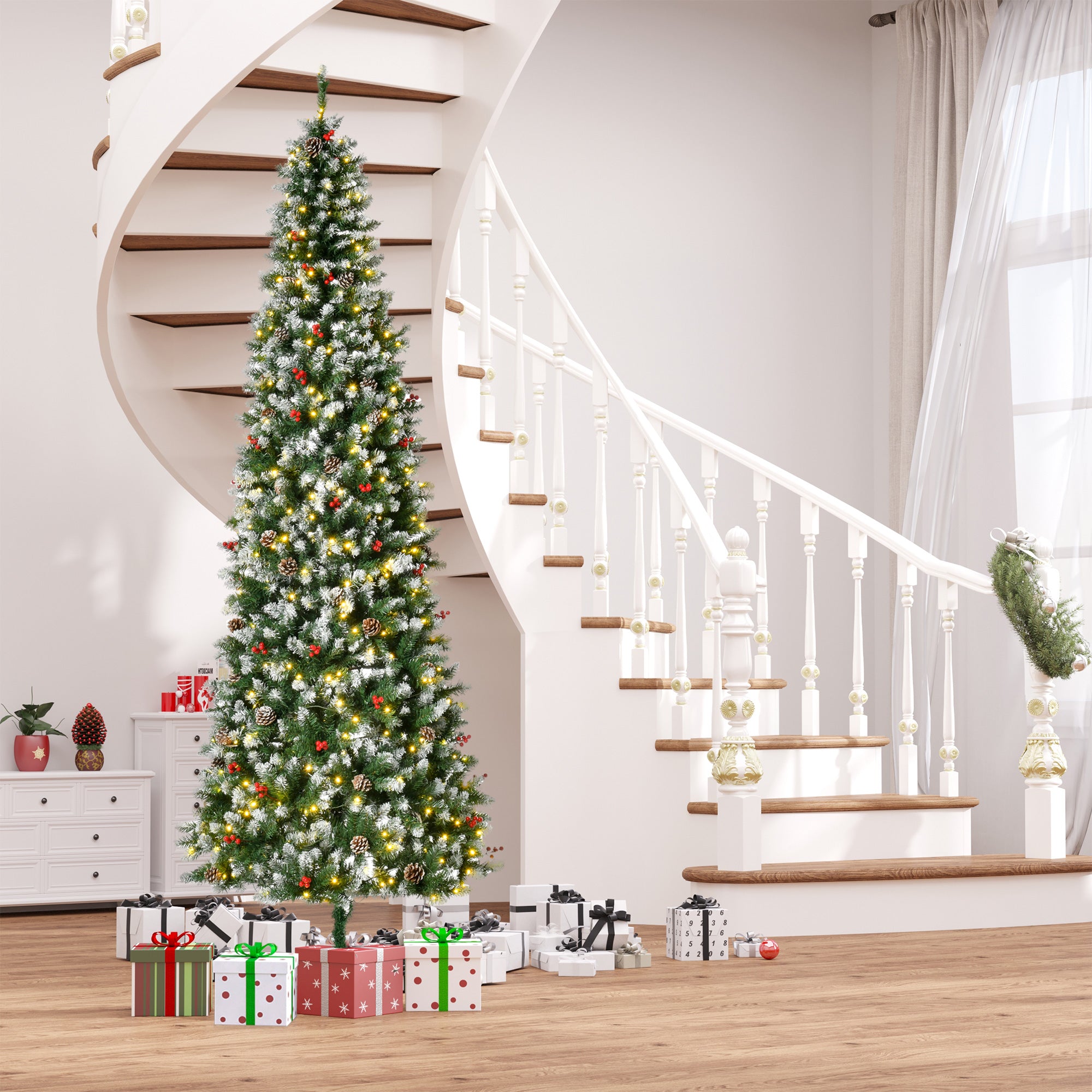 HOMCOM 9ft Snow-Dipped Artificial Christmas Tree | 460 LED Lights, 1298 Tips, Pine Cones &amp; Red Berries | Realistic PVC Branches for Festive Indoor Decor | Easy Assembly &amp; Storage