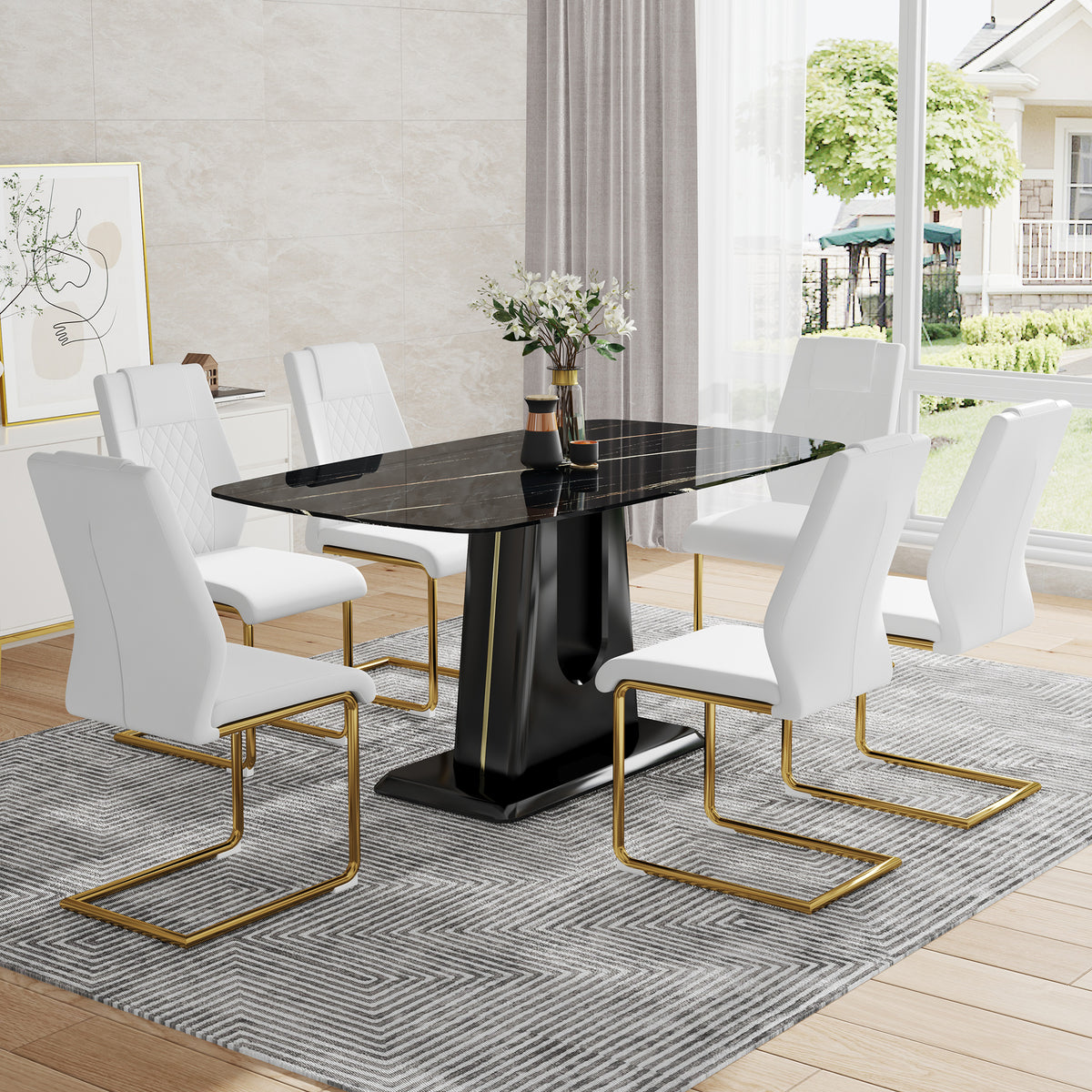 Modern Minimalist Dining Table Set with Imitation Marble Glass Top & Comfortable Chairs, Seats 4-8, U-Bracket MDF Legs, Black+Gold, Perfect for Dining & Living Rooms