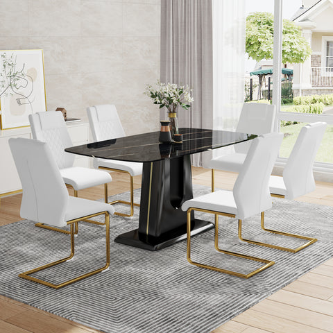 Modern Minimalist Dining Table Set with Imitation Marble Glass Top & Comfortable Chairs, Seats 4-8, U-Bracket MDF Legs, Black+Gold, Perfect for Dining & Living Rooms