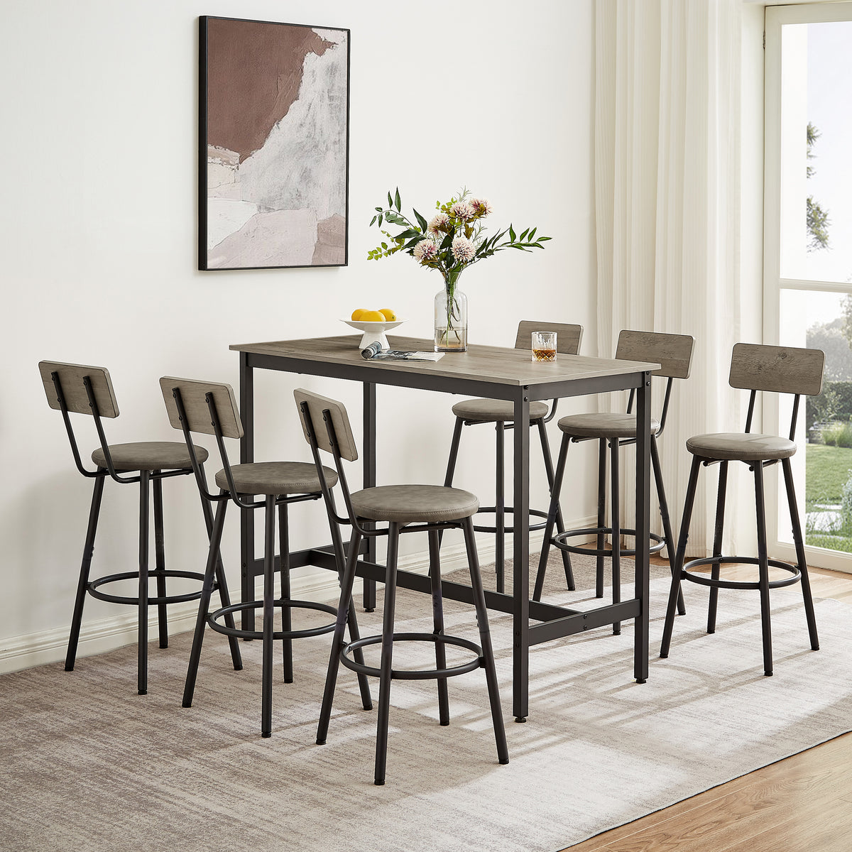 Rustic Grey Industrial Pub Dining Table Set for 6 - 7pc Bar Table w/ PU Leather Back Chairs, 47.2"L x 23.6"W x 35.4"H, Kitchen, Breakfast Nook, Living Room, Bar Area
