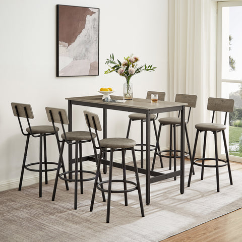 Rustic Grey Industrial Pub Dining Table Set for 6 - 7pc Bar Table w/ PU Leather Back Chairs, 47.2"L x 23.6"W x 35.4"H, Kitchen, Breakfast Nook, Living Room, Bar Area