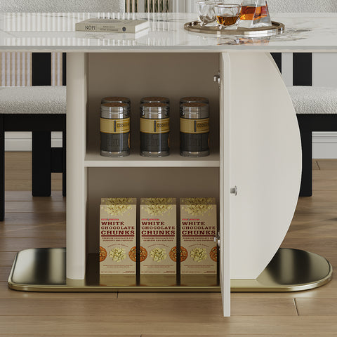 63" Modern Dining Table Set for 4-6, White Velvet Chairs, Burnt Stone Top, Gold Solid Wood Base, Storage Cabinet, Kitchen & Apartment Furniture