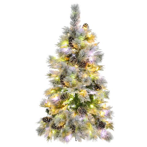 4FT Snow Flocked Spruce Christmas Tree | Mixed PE & PVC Branches, Pine Cones | 120 Multi-Color LED Lights, 11 Modes | Durable Metal Base | Festive Holiday Home Decor