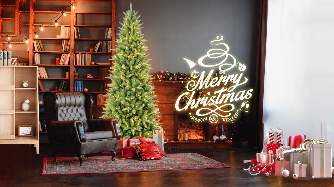 8FT Slim Pencil Christmas Tree, 1612 Mixed PE/PVC Tips, 500 Warm White LED Lights, Hinged Design, Easy Setup, Sturdy Metal Stand - Realistic Green Tree for Apartments &amp; Small Spaces