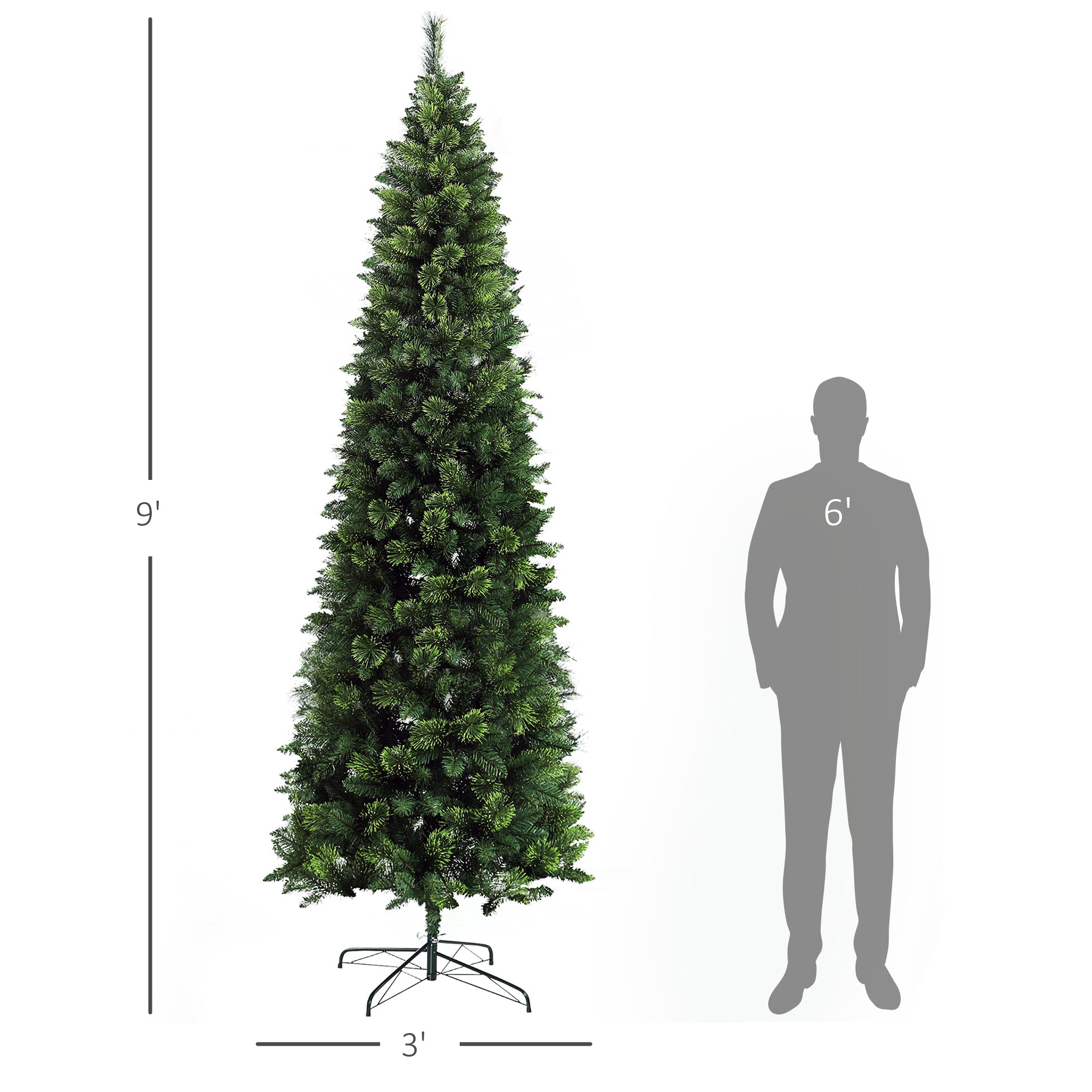 HOMCOM 9ft Slim Pencil Artificial Christmas Tree | 1298 Realistic Pine Needles | Auto-Open Design | Flame Retardant Green Plastic | Sturdy Steel Base | Holiday Home Decor
