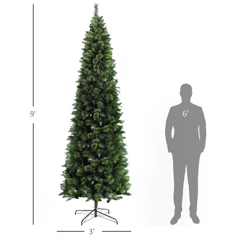HOMCOM 9ft Slim Pencil Artificial Christmas Tree | 1298 Realistic Pine Needles | Auto-Open Design | Flame Retardant Green Plastic | Sturdy Steel Base | Holiday Home Decor