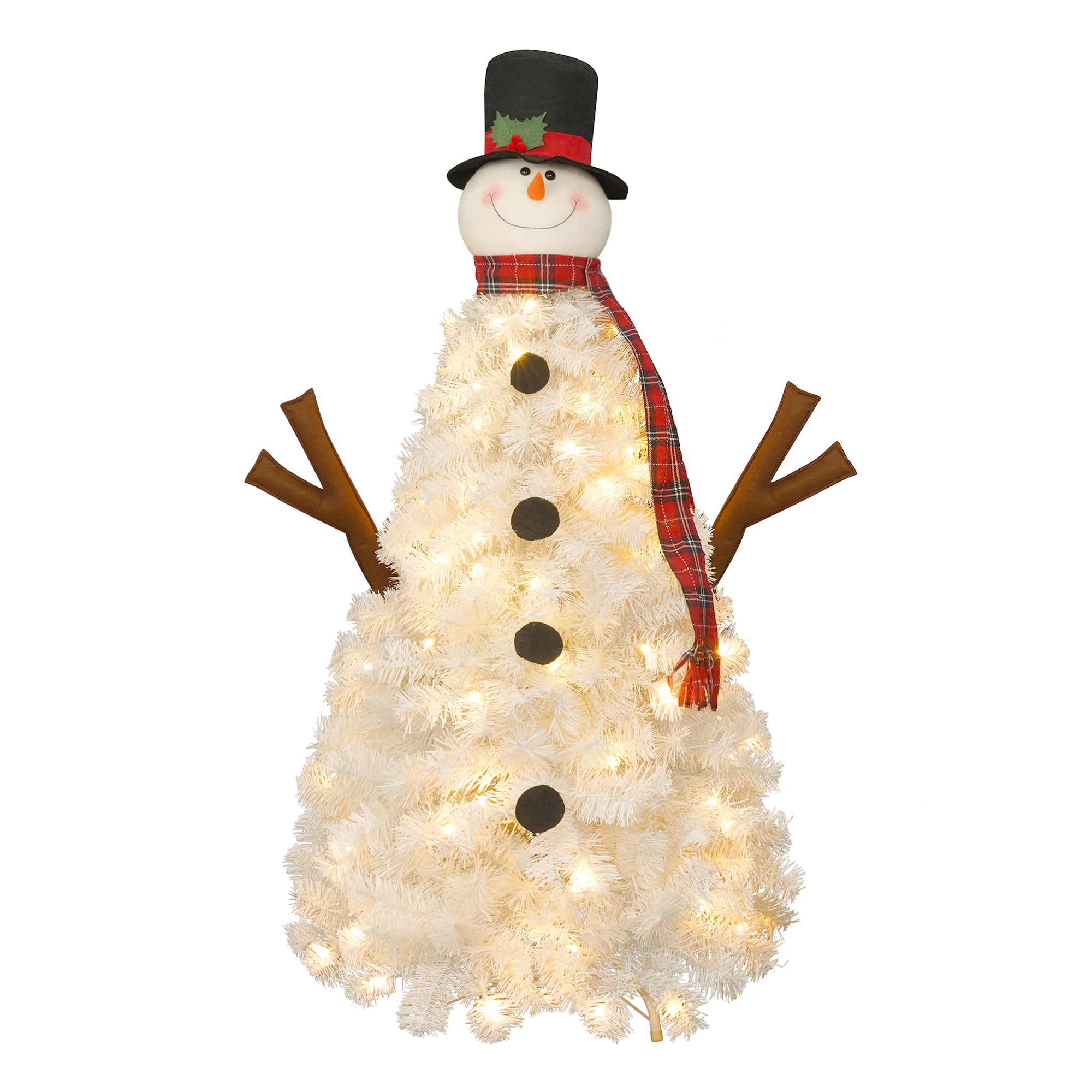 4ft Snowman Christmas Tree - Pre-lit Artificial Xmas Tree with 100 Warm White LED Lights, 380 PVC Branch Tips - Perfect for Indoor/Outdoor Holiday Decor