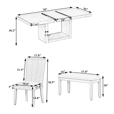 TOPMAX 6-Piece Natural Rubberwood Dining Set: 78" Extendable Pedestal Table w/ 18" Leaf, 4 Upholstered Chairs &amp; Bench for Dining Room, Seats 6