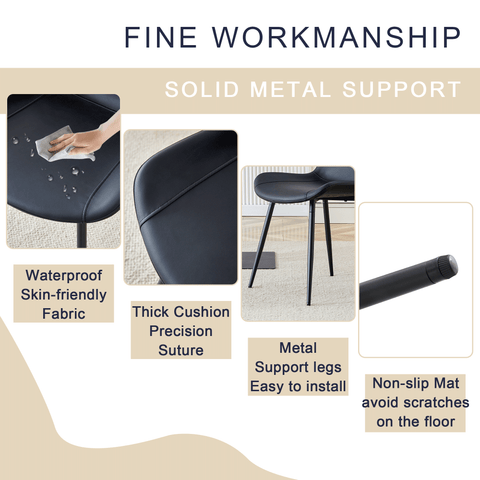 Table and chair set.A minimalist retro rectangular dining table with a specially textured top and black metal legs.Paired With 4 Black Artificial PU Chairs With Curved Widened Cushion Design.