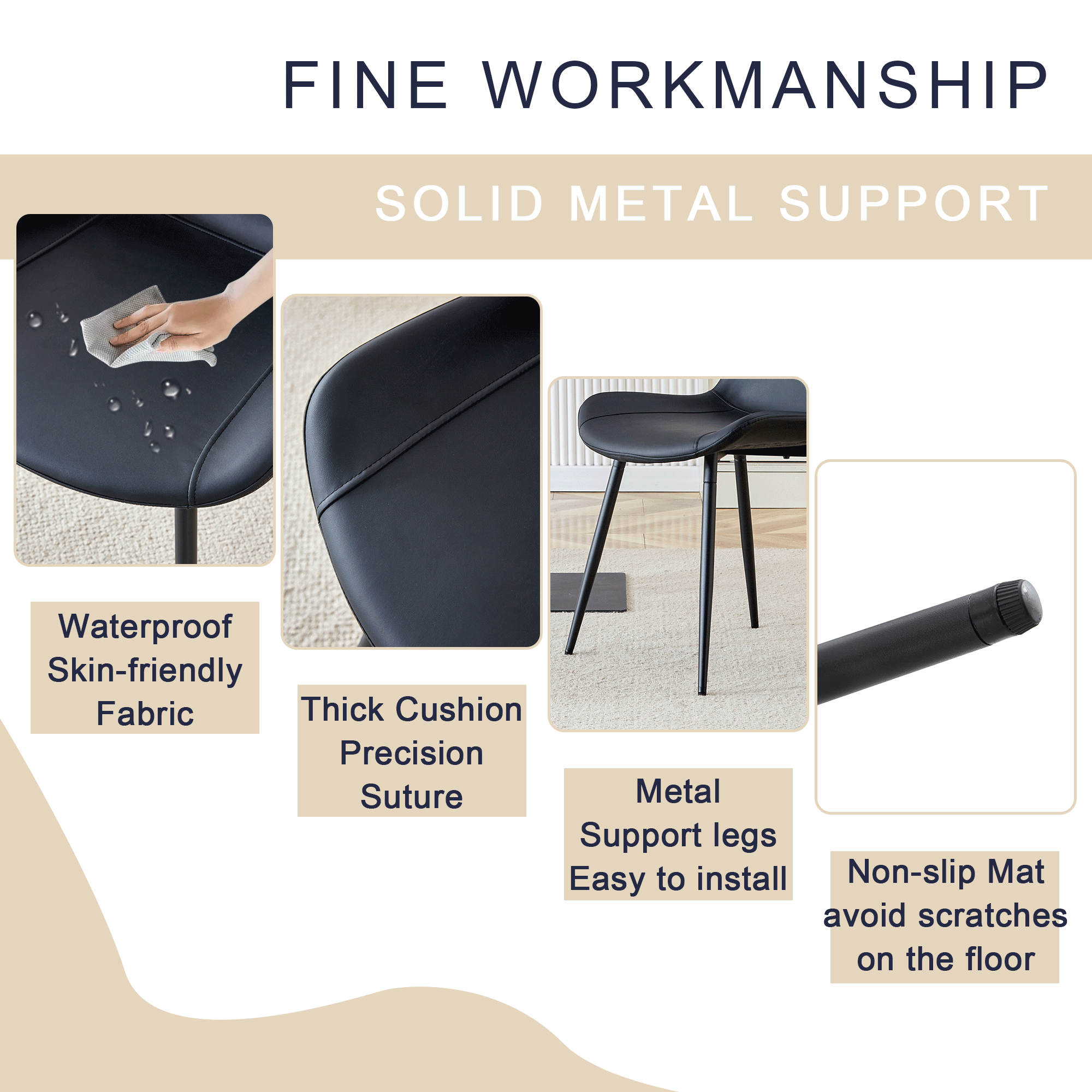 Table and chair set.A minimalist retro rectangular dining table with a specially textured top and black metal legs.Paired With 4 Black Artificial PU Chairs With Curved Widened Cushion Design.