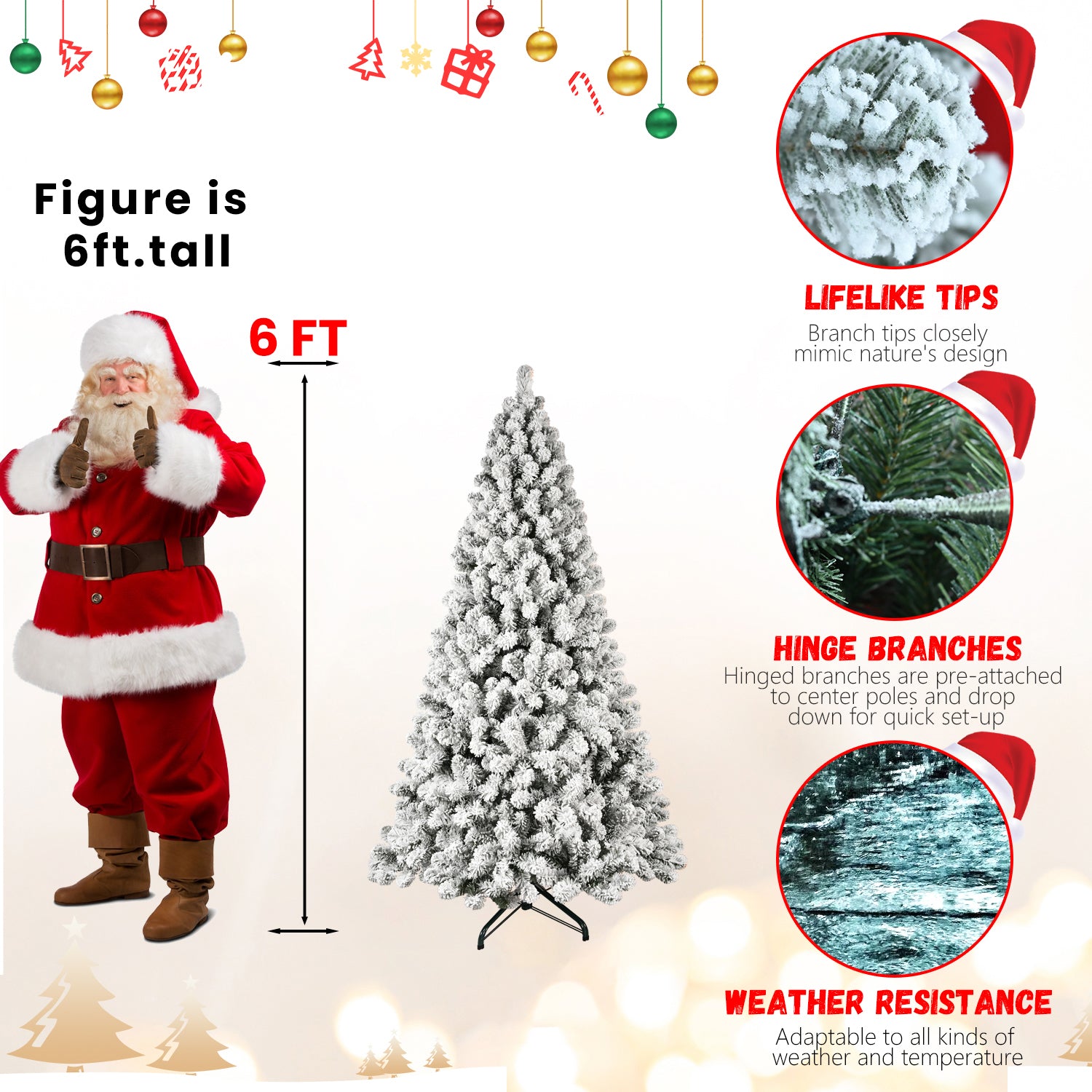 6ft Snow-Flocked Pre-Lit Christmas Tree - 300 Warm White UL Lights, Auto-Unfold Memory Wire, Easy Assembly, Stable Metal Stand - Snowy Holiday Decor for Home &amp; Office