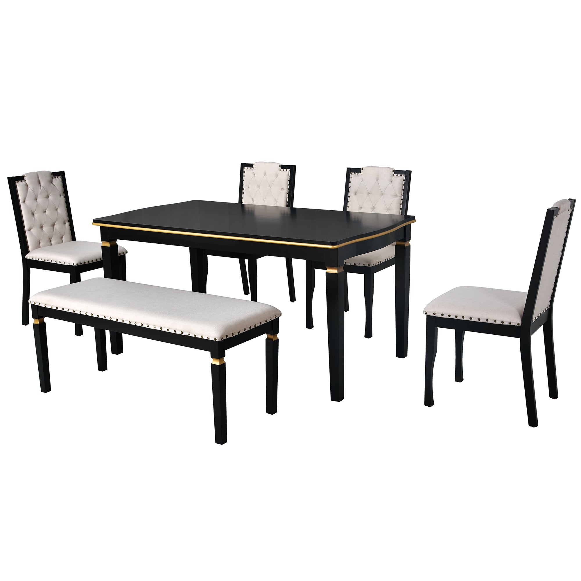 6-Piece Black Rectangular Dining Table Set for 6: 60" Solid Wood Table, 4 High-Back Tufted Upholstered Chairs &amp; Bench - Ideal for Dining Room &amp; Kitchen Gatherings