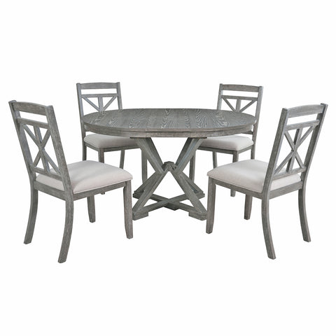 TREXM 5-Piece Extendable Round Dining Table Set for 4 - Vintage Grey Rubberwood & Linen Upholstered Chairs - 42"-54" Oval/Round Table for Kitchen, Dining Room, Living Room