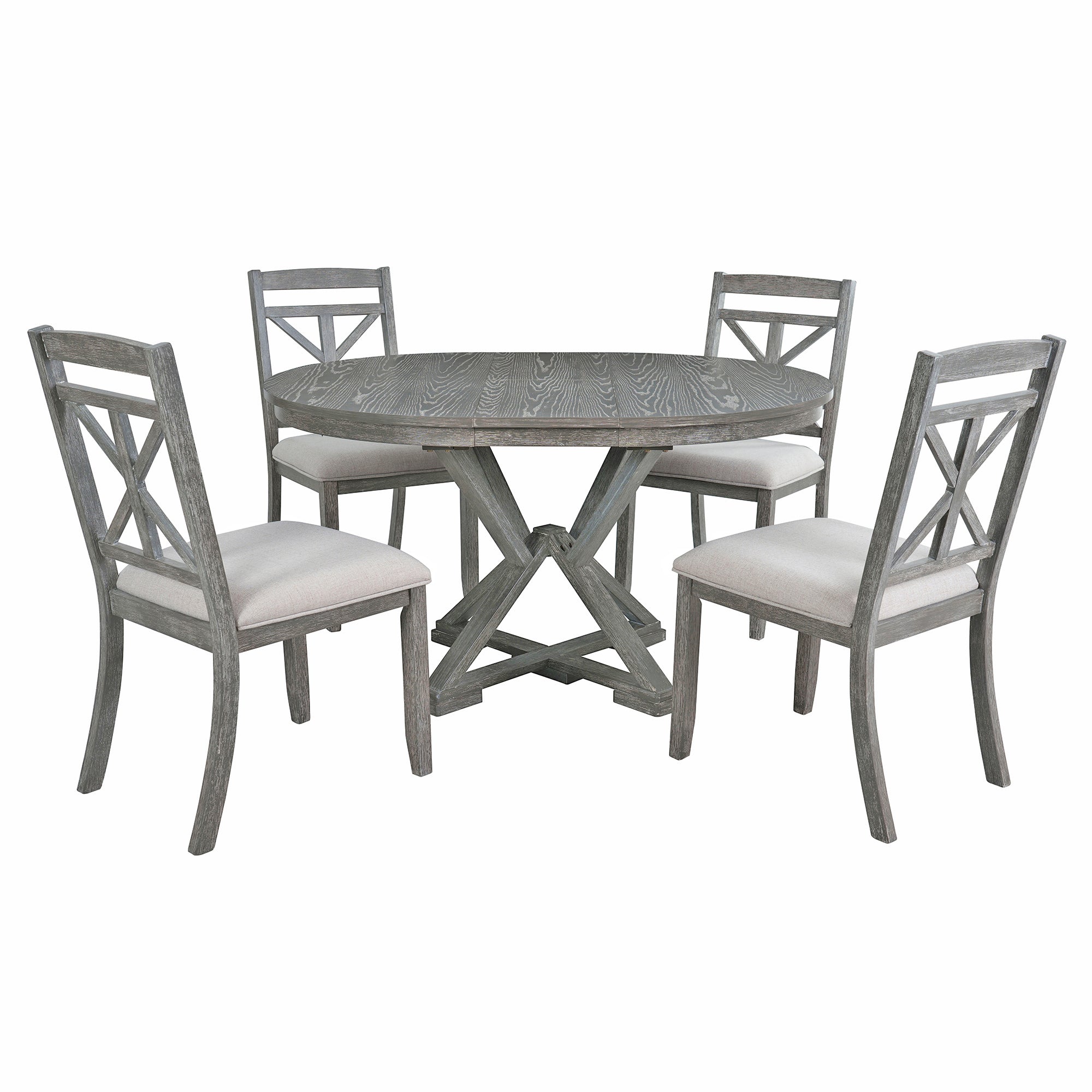 TREXM 5-Piece Extendable Round Dining Table Set for 4 - Vintage Grey Rubberwood & Linen Upholstered Chairs - 42"-54" Oval/Round Table for Kitchen, Dining Room, Living Room