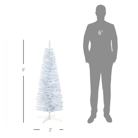 HOMCOM 5' Snow Flocked Pencil Christmas Tree - Slim White Xmas Tree with Realistic Branches & Plastic Base for Indoor Home Decoration. Easy Assembly & Storage.