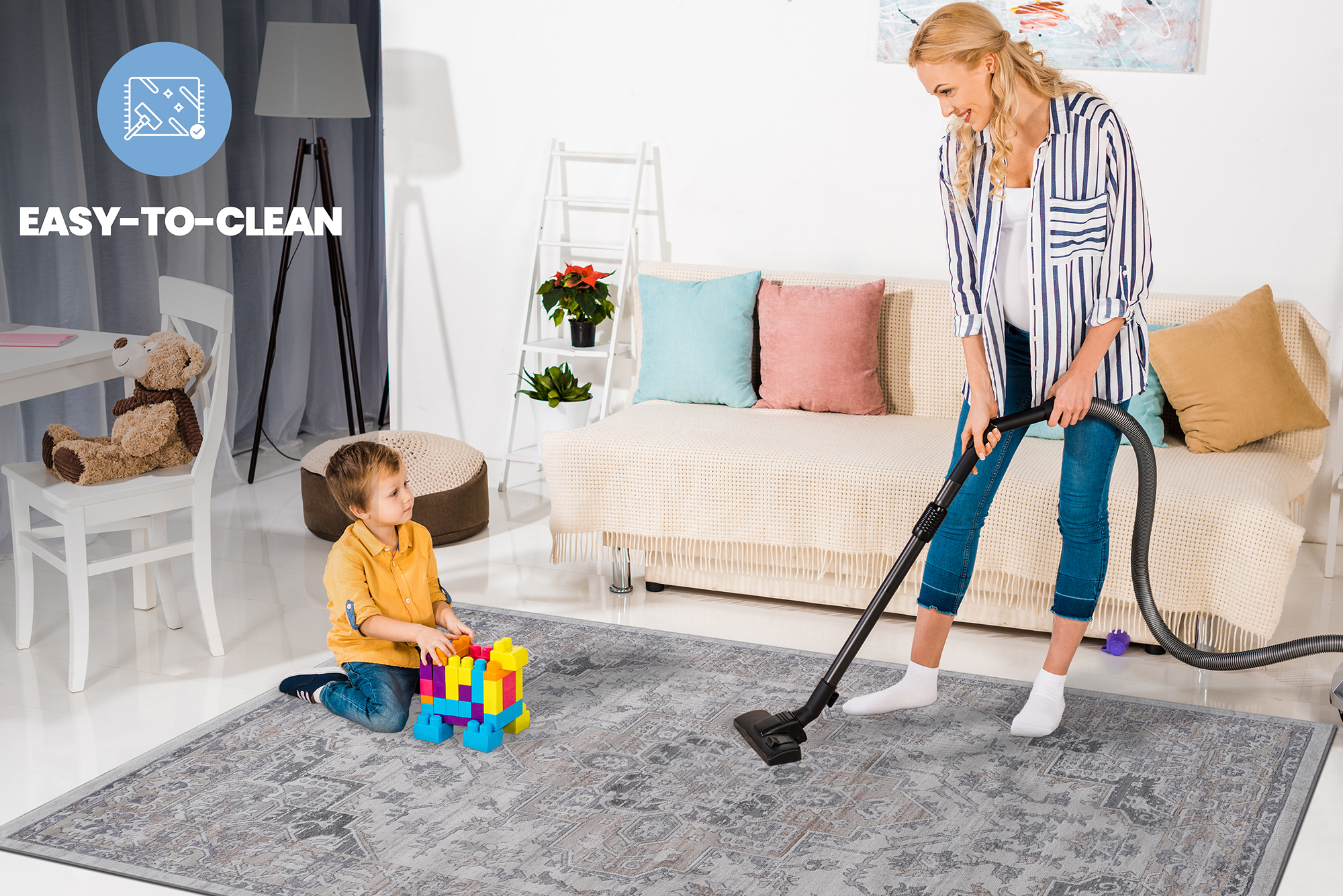 MARFI Collection 5x7 Oriental Area Rug - Stain-Resistant, Non-Shedding Polyester in Ivory/Beige, Durable & Easy Maintenance for Living Room, Bedroom, Entryway, Turkey Made