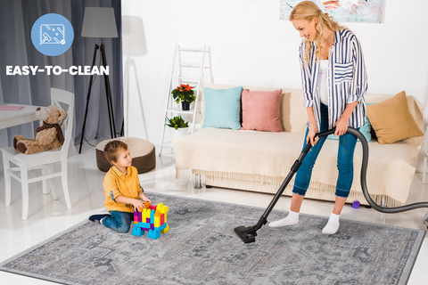 MARFI Collection 6x9 Oriental Area Rug - Ivory/Beige Polyester, Stain-Resistant, Non-Shedding Loop Pile for Living Room, Bedroom, Entryway, Office, Turkish Made